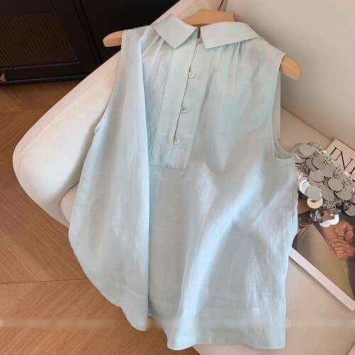 Light Blue Collar Korean Style Sleeveless Blouse Women's 2025 Summer Loose Fitting Slimming Korean Style Simple Style Backless Top