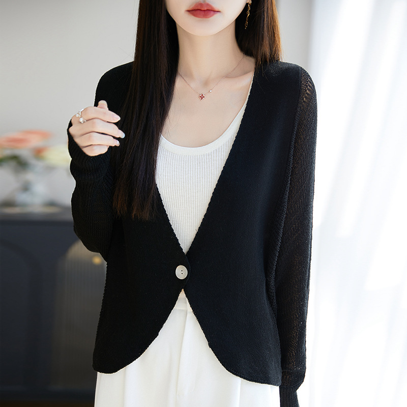 Summer New Style Tencel Linen V-Neck Knitted Cardigan with One Button, Hollow-Out Solid Color Sun Protection Shirt for Women