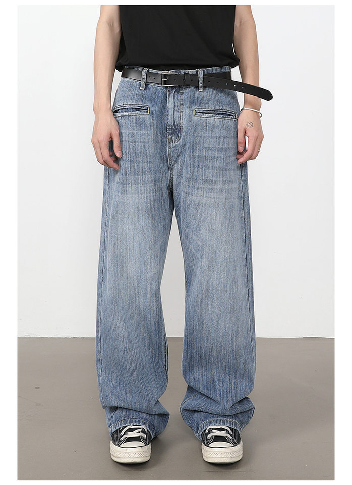 Quần jeans nam ống rộng suông thẳng túi trước họa tiết vân tre — màu xanh chi tiết 11