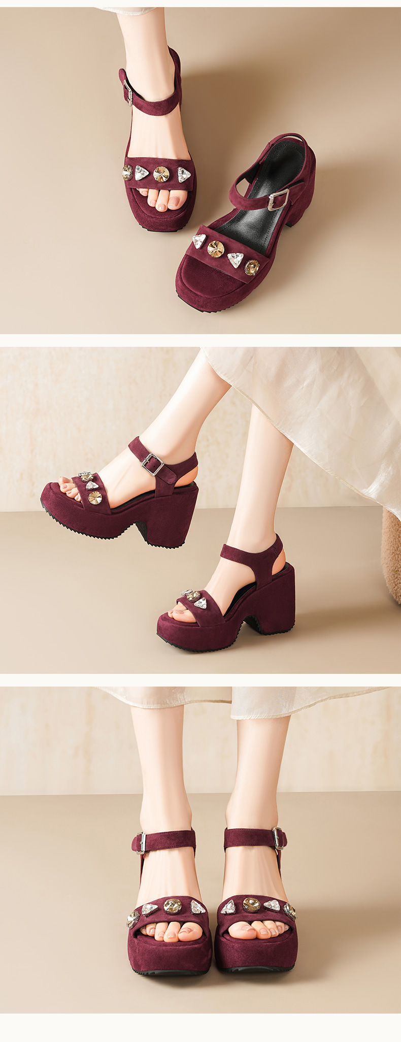 Sandal cao gót nữ quai ngang đế dày, mũi hở, phối đá lấp lánh, gót 9 cm — màu đen, Rượu vang đỏ chi tiết 4