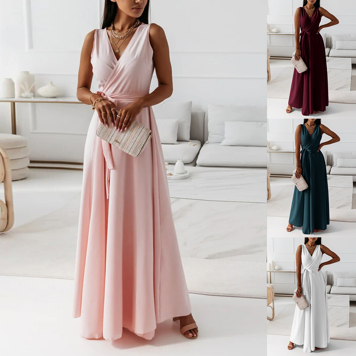 2025 Independent Station European And American Cro-Border Spring Summer New Women's Solid Color V-Neck Long_ecoleips.com