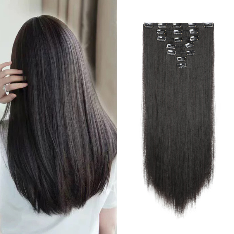 Europa y los Estados Unidos 7 piezas de seda de alta temperatura clip cabello extensión de cabello para mujeres cabello largo recto cortina de cabello al por mayor stock