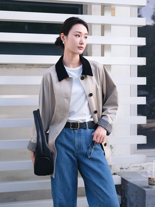 文九 巴恩风高密斜纹棉中长款外套女猎装撞色风衣25早秋新款8592|undefined