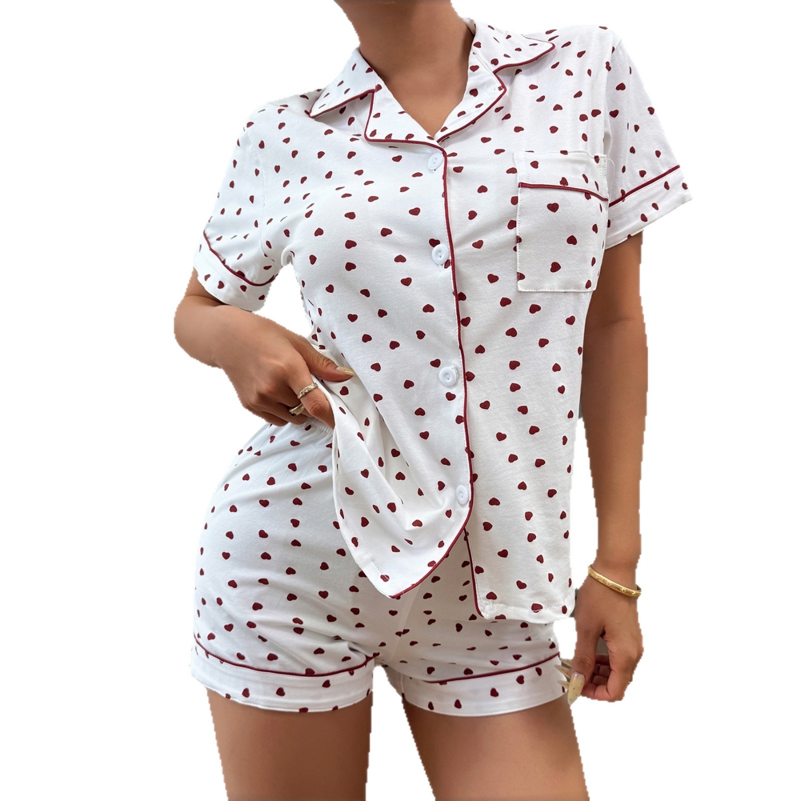 Damen-Pyjama mit Reverskragen – Kurzarm-Top und Shorts mit Herzmuster, modische Hauskleidung_voghion.com