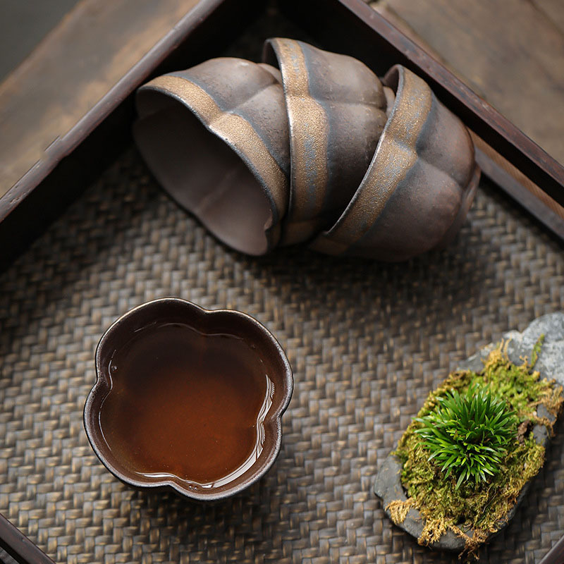 粗陶品茗杯功夫茶具单杯大号仿古鎏金主人杯手工茶杯普洱茶碗