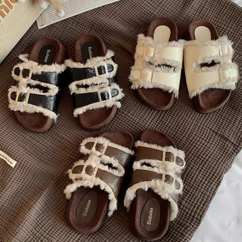 葡萄妈~双扣一字带厚底懒人露趾毛毛勃肯拖鞋女秋冬外穿