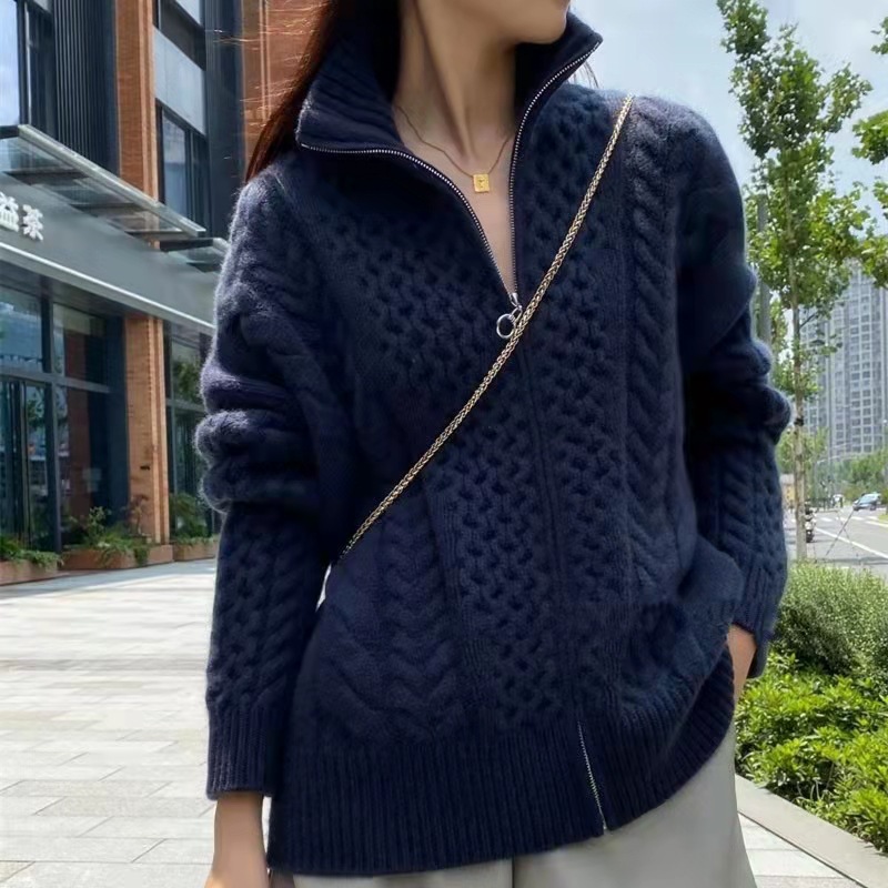 Pesado Otoño e Invierno Nueva cachemir cardigan de las mujeres 100 pura Cachemira cremallera solapa suéter punto flojo abrigo lana