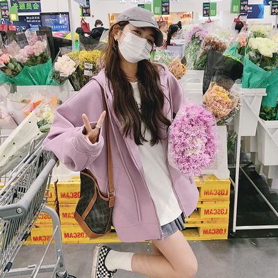 Real shot Vitality girl Easy Show thin Pink and purple chic Versatile By age Cardigan Hooded Sweater coat