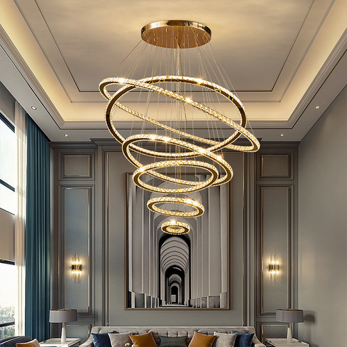 水晶吊灯客厅现代简约led饭餐厅卧室挑高复式楼梯间创意圆环灯具