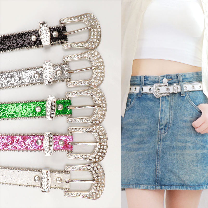 Women Rhinestone Belt Sparkly Silver Buckle Denim Skirt Accessory