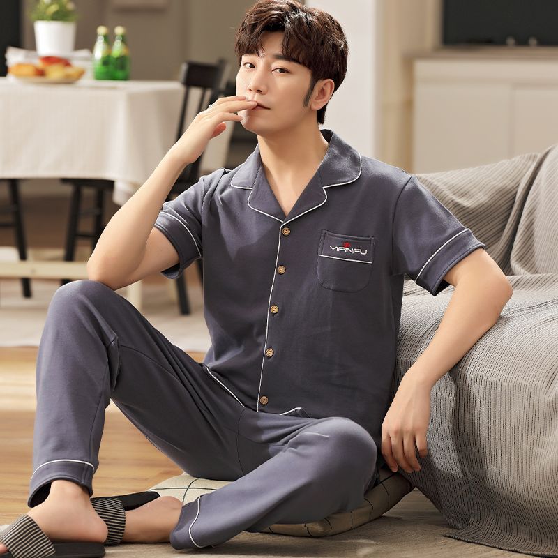 Pijama de algodón 100% de primavera y verano de los hombres pantalones de manga corta cardigan Delgado de los hombres de primavera y otoño de manga corta ropa para el hogar