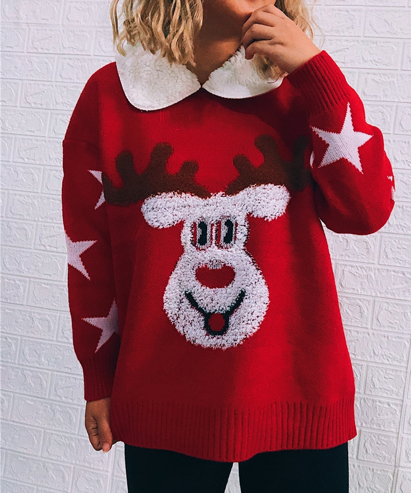 lapel thickened long-sleeved deer Christmas themed pullover sweater nihaostyles wholesale Christmas costumes NSSX88943