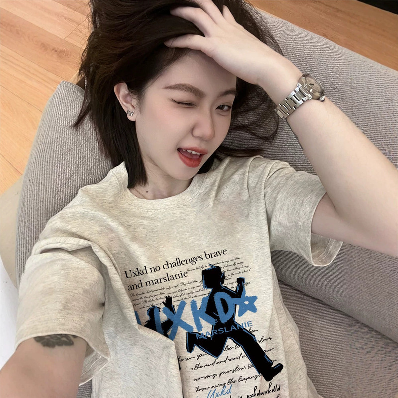 Pure Cotton Summer Design Short-Sleeve T-Shirt for Women 2026 New Style Loose American Niche Trendy Brand Half-Sleeve Tee Pure Cotton Summer Design Short-Sleeve T-Shirt for Women 2026 New Style Loose American Niche Trendy Brand Half-Sleeve Tee