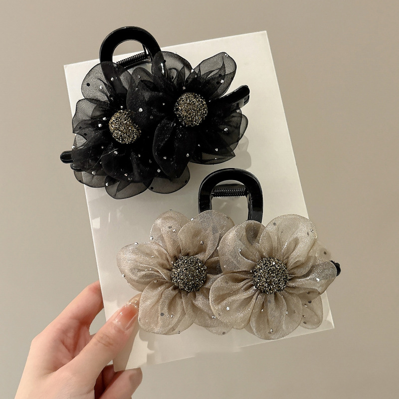 Mesh diamante de flores de sol agarrar clips temperamento de alto nivel cabeza de mujer cabeza de tiburón clips de cabello