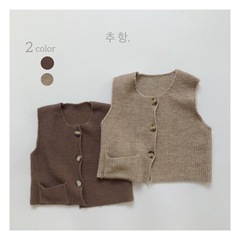 兒童針織棉麻衫春秋款新品韓版復古口袋馬甲男女童紐扣背心開衫