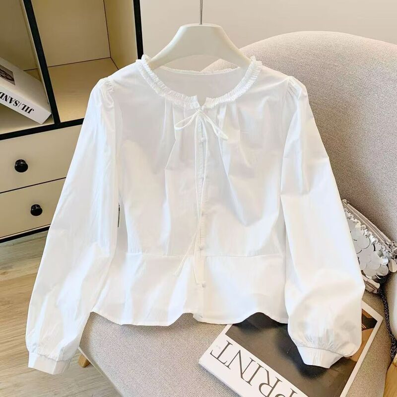 Korean-Style French Shirt with Elegant Lace Trim, Tie Collar, Long Sleeves, Suitable for Petite Figures, and Suitable for Ladies' Office Wear Korean-Style French Shirt with Elegant Lace Trim, Tie Collar, Long Sleeves, Suitable for Petite Figures, and Suitable for Ladies' Office Wear