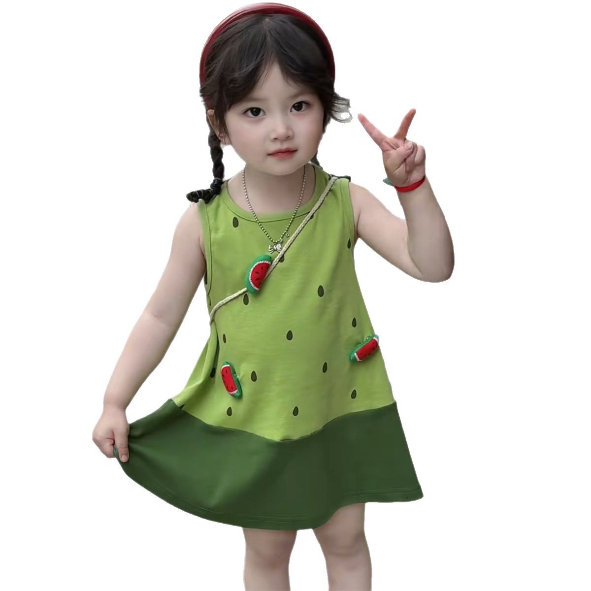 Vestido de bebé de siete niñas de limón salado verano nuevo estilo 25 verde fresco chaleco de sandía falda costura vestido de princesa tridimensional