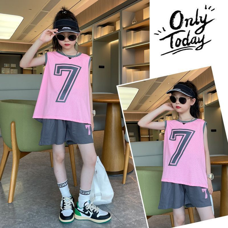 Traje deportivo para niñas verano nuevo uniforme de baloncesto de secado rápido para niños medianos y grandes, chaleco suelto, pantalones cortos, dos piezas, transpirable y delgado