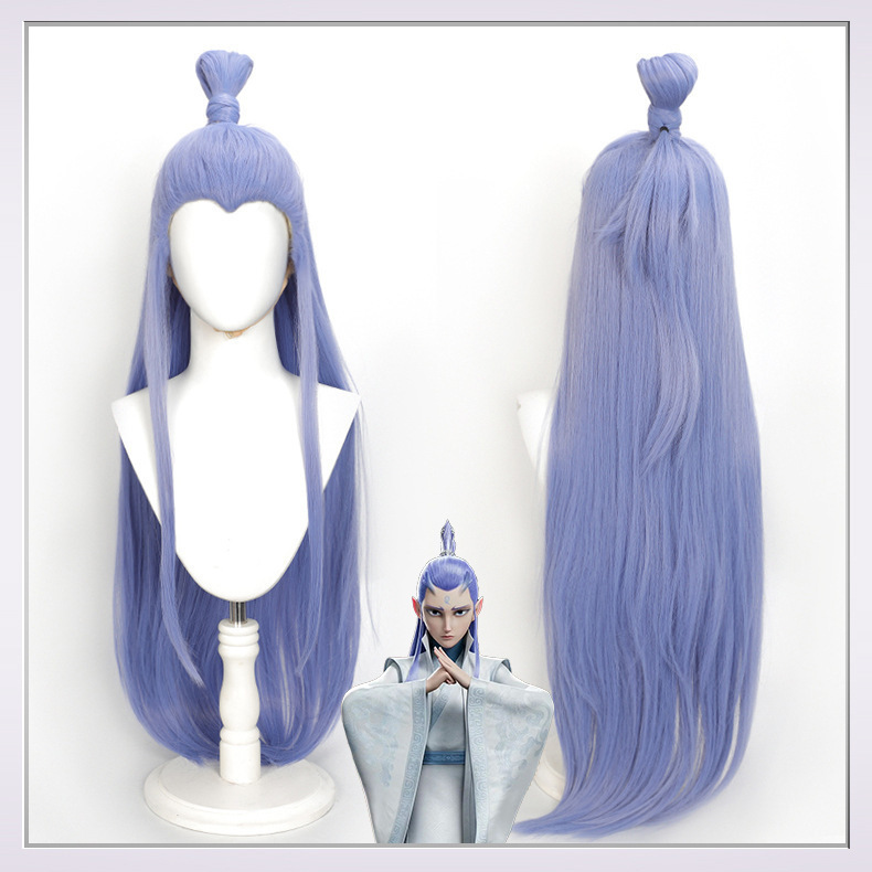 Wig Full Headgear Nezha's Devil Boy Comes to the World Ao Bing cos Antique Beauty Pointy Long Hair Ice Blue Full Wig