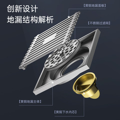 Insect and odor-proof bathroom washing machine full copper long strip invisible floor drain pure copper electroplated silver brushed full copper floor drain