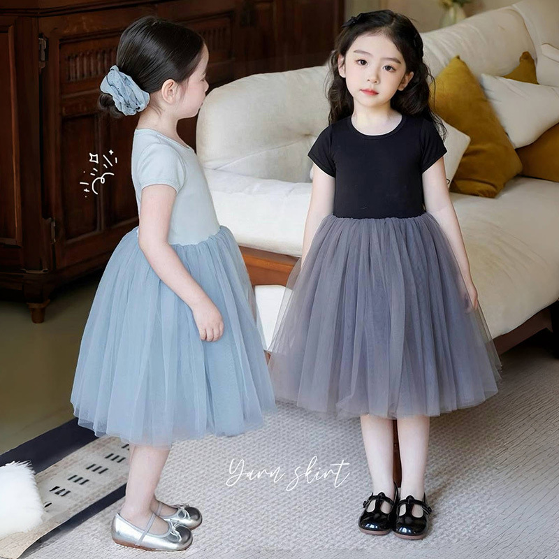 Summer Girls Mesh Splicing Dress Knitted Short-Sleeved Princess Tutu Skirt Children's Skirt