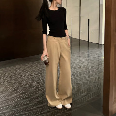 5werkwen 雅痞老钱|拉夫美学 极简复古卡其裤休闲裤宽松直筒裤女