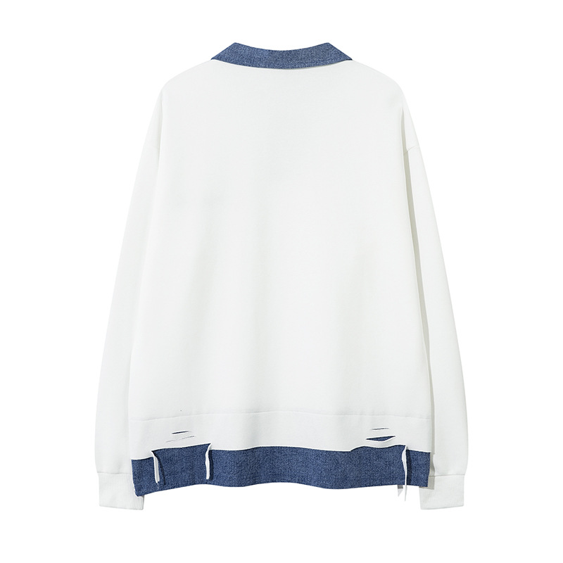 Men's Clothing college style denim collar splicing loose street niche two piece men's autumn design sweatshirt_voghion.com
