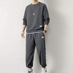 华夫格长袖套装男士卫衣卫裤两件套春秋季潮流纯色男士运动套装