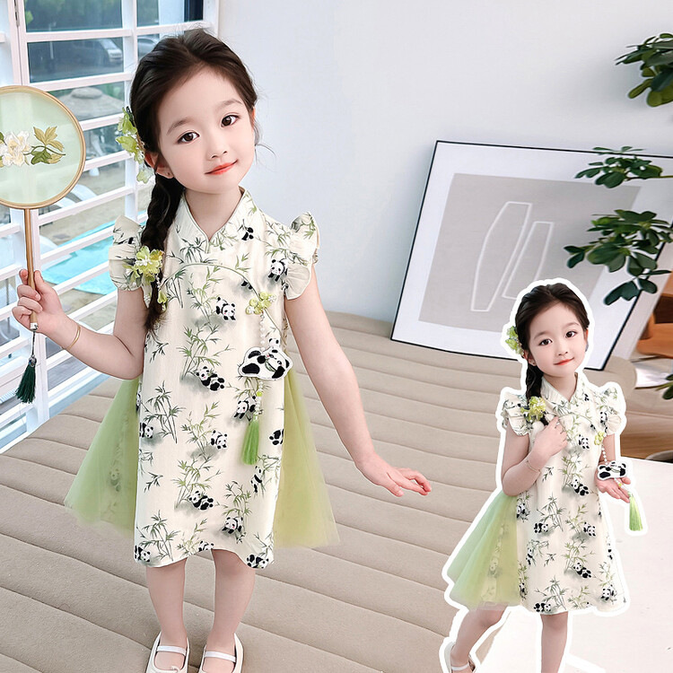 Vestido cheongsam para niñas vestido de verano 2025 nuevo vestido de Hanfu para niños nuevo vestido de princesa panda de estilo chino