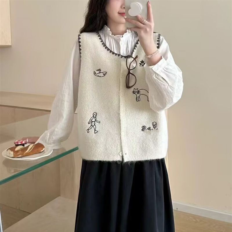 韩系卡通刺绣无袖针织马甲背心女秋冬减龄显瘦叠穿马夹上衣女潮|undefined