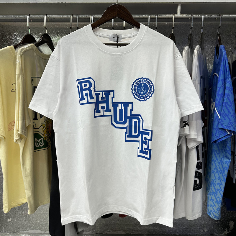 2024 New Rhude Collegiate Crest College Emblem Printed Double Yarn Pure Cotton Short-Sleeved T-Shirt