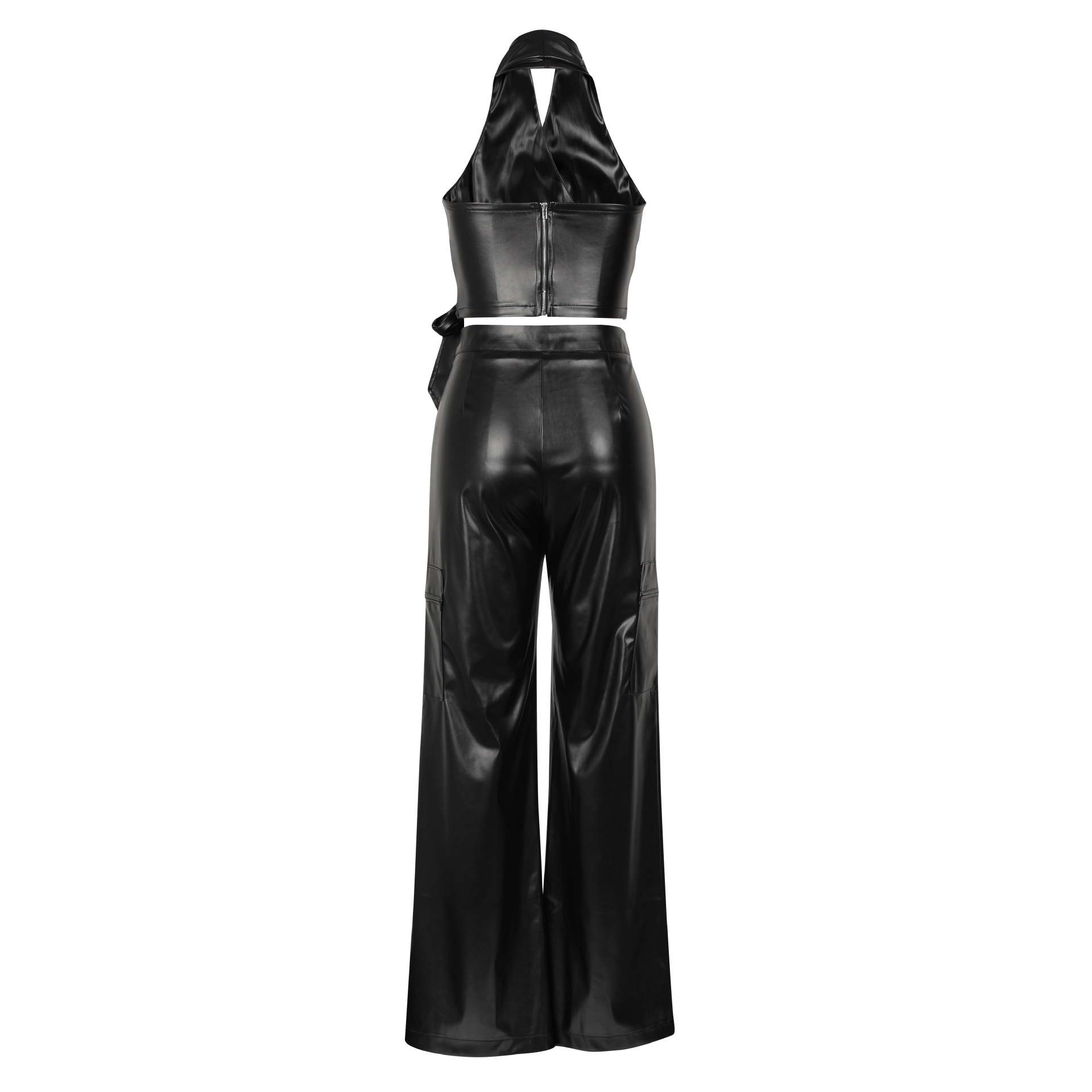 Women Clothing Faux Leather Sleeveless Halter Sexy Leather Pants Two Piece Summer