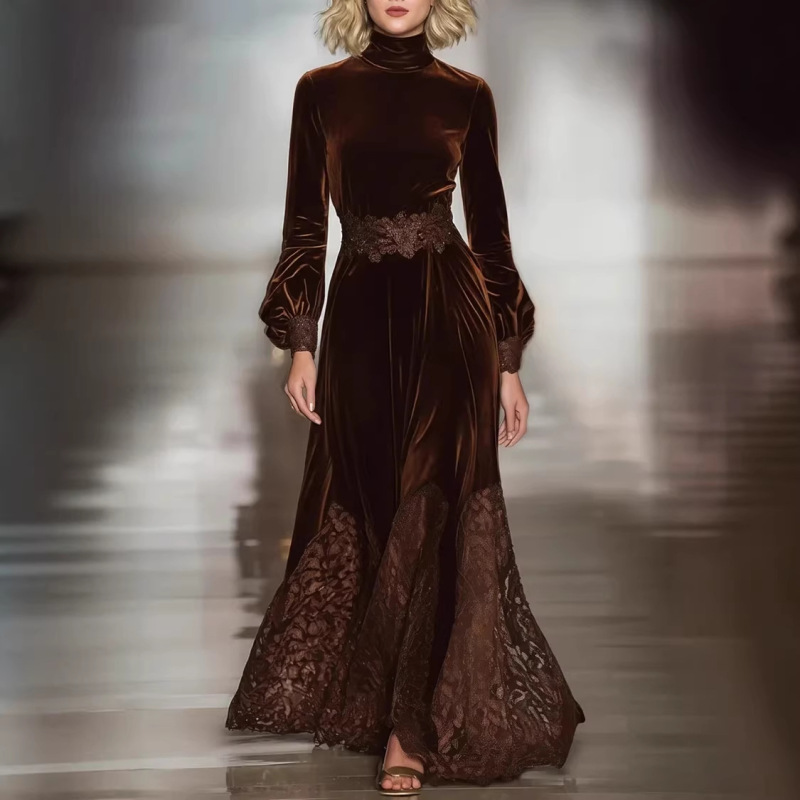 2025 European and American Women's Fashion Amazon Independent Site Brown Lace Long-Sleeve Slim-Fit Patchwork Long Dress