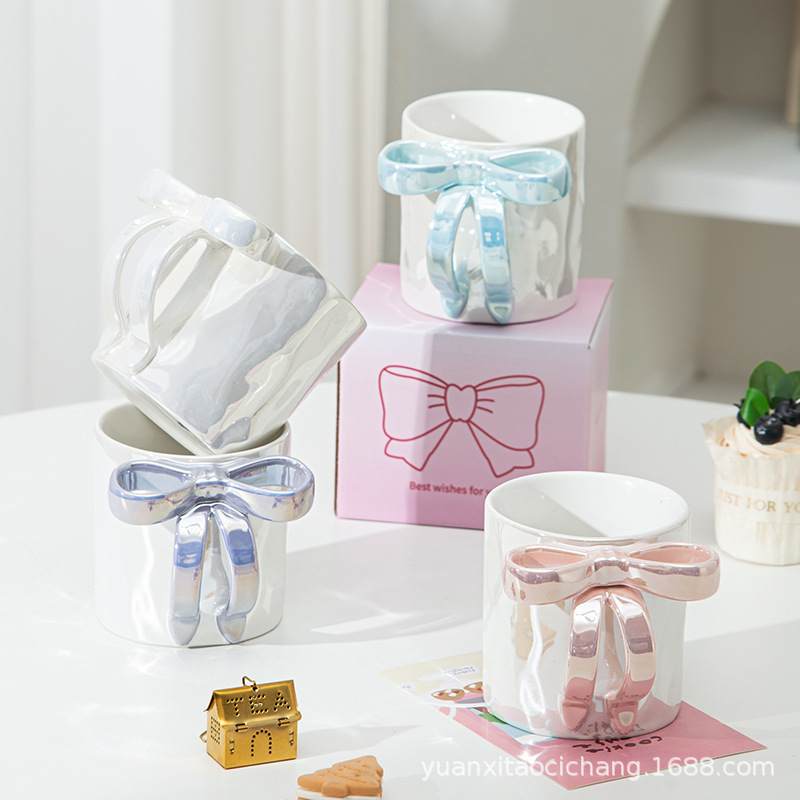 Simple Creative Bow Handle Ceramic Mug Pearlescent Glaze Girl Heart Coffee Cup Student Couple Milk Cup