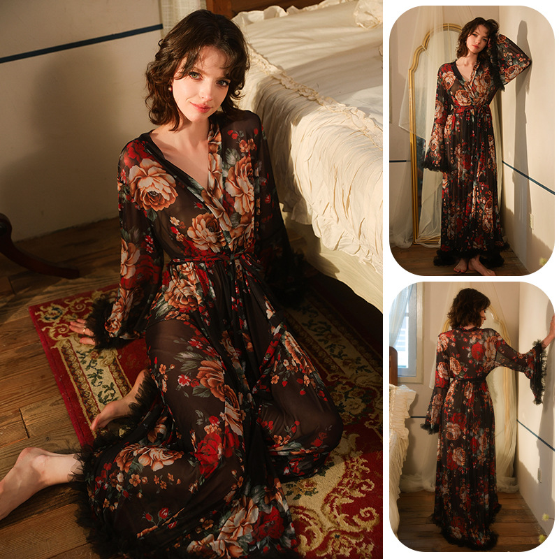 Lujo ligero estilo retrógrado floral ropa de dormir de cuello en V de manga larga ropa de casa de perspectiva 1119