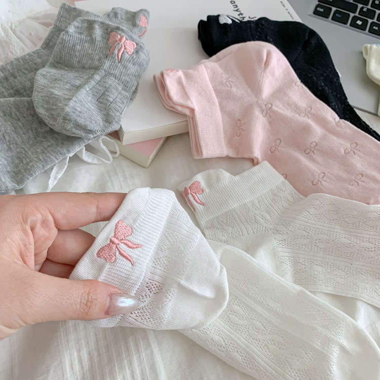 [Embroidered Style] Korean Style Bow Short Socks Women's Summer Thin Mesh Breathable Low-Top Boat Socks Trendy and Easiest for Match