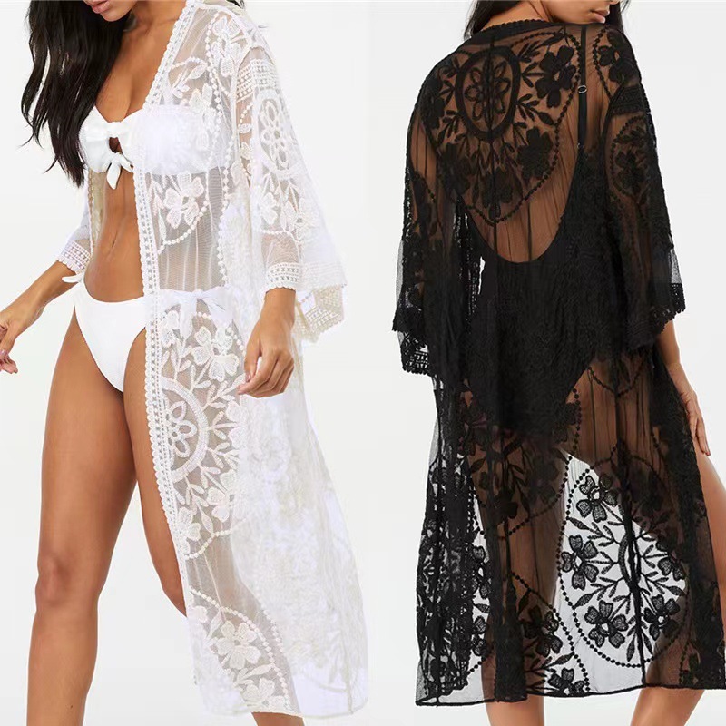 Cross-border exclusive Amazon popular lace mesh crocheted beach blouse seaside vacation bikini sun protection clothing