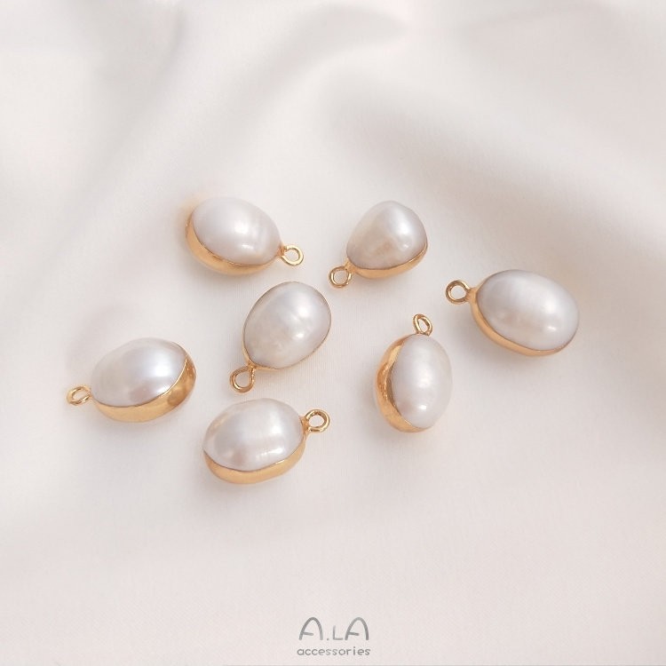 天然バロック異形真珠双穴ペンダントシングル吊り飾り米珠平円形手作りdiy縁取り部品