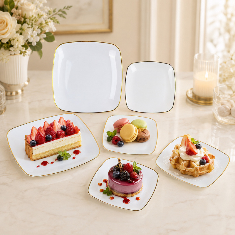 White Disposable Square Plastic Plates with Gold Edges, Thickened Ps Rounded Corner Plates, Disposable Tableware for Birthday Parties