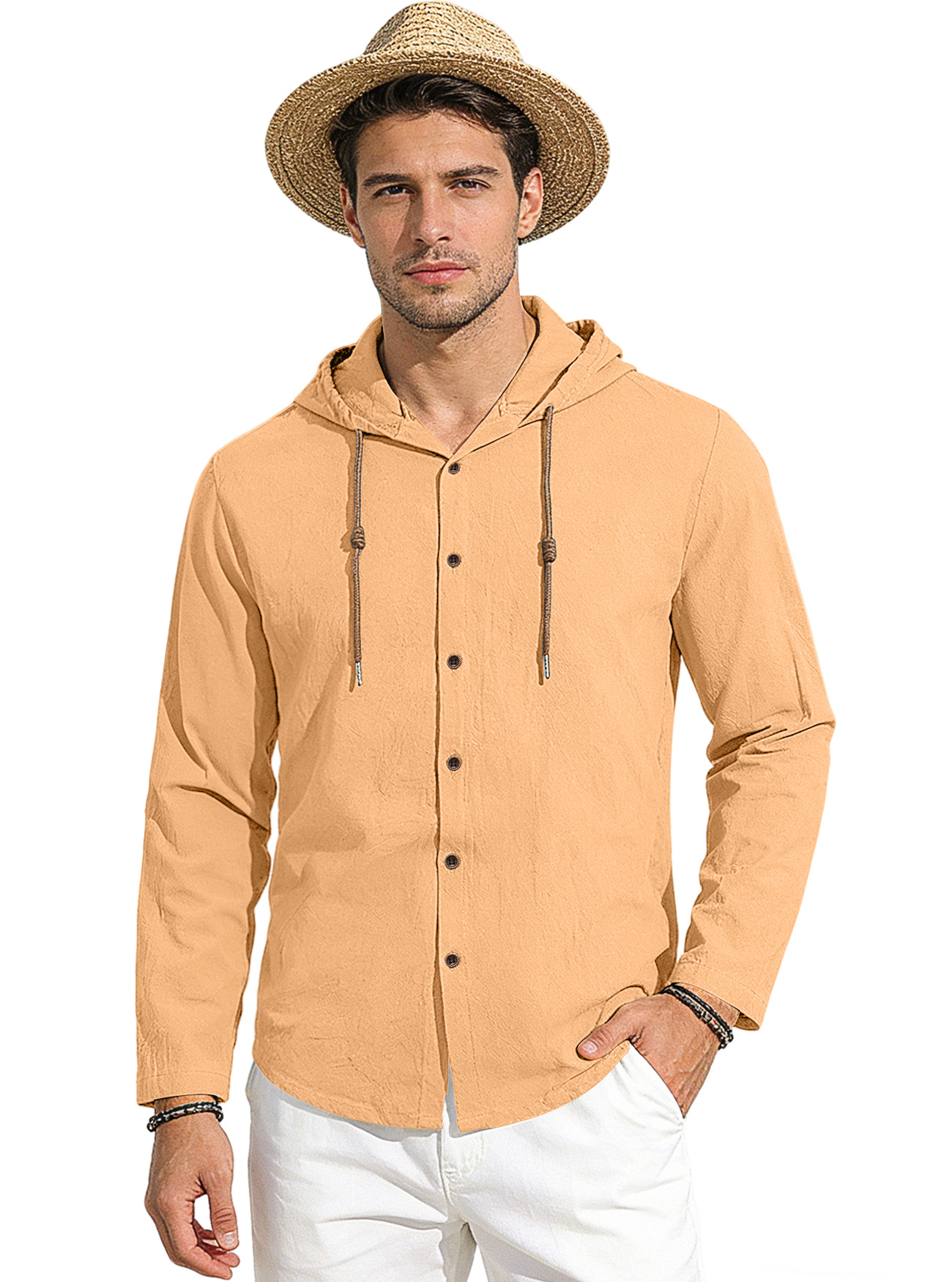 Transfronterizo Amazon nuevo estilo de primavera y verano hombre encapuchado camiseta suelta de algodón puro transpirable camisa casual de manga larga