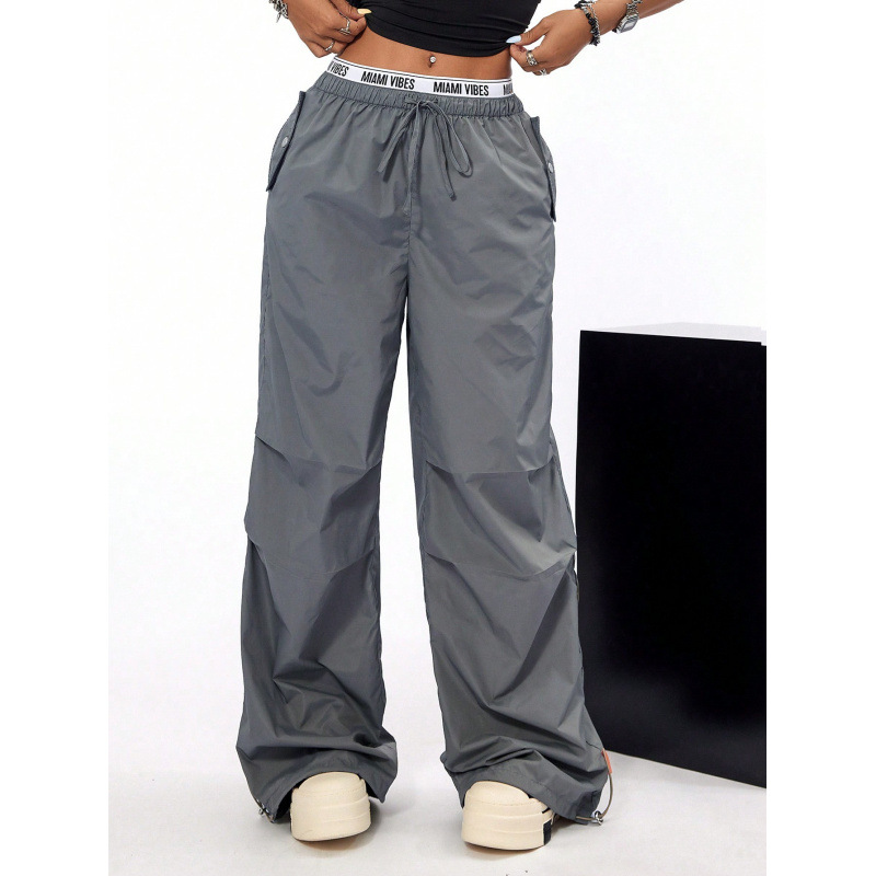Vintage Military Cargo Pants For Women - High Waist Loose Fit Parachute Pants With Drawstring & Pleats, Polyester Casual Streetwear, XS-XL_voghion.com