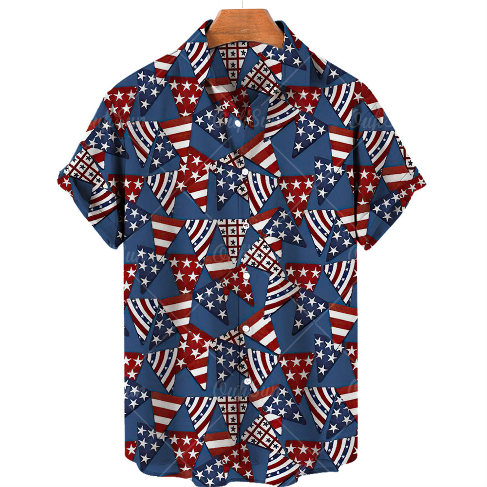 Camisa de estilo nuevo para hombres europeos y americanos transfronterizos bandera estadounidense estampada en 3D Camisa de manga corta de moda de playa de Hawaii