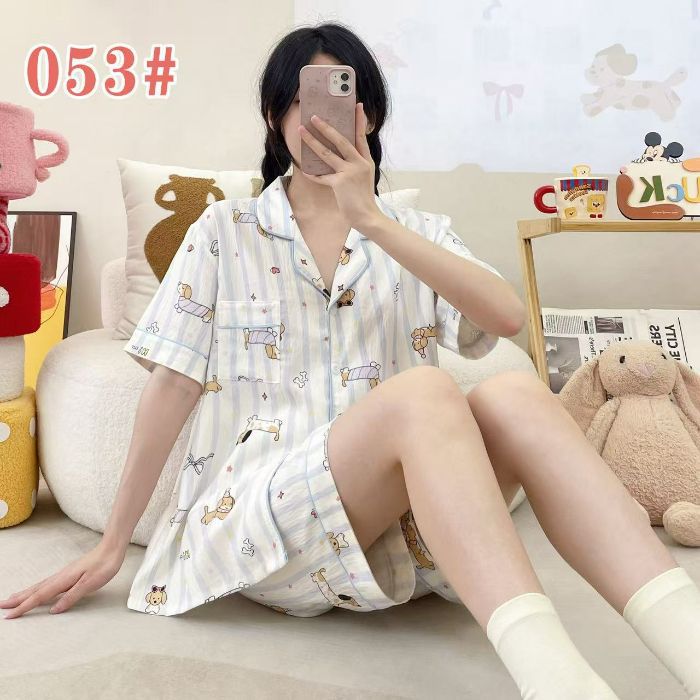Venta al por mayor transfronteriza de punto caliente verano pantalones cortos de manga corta pijamas rebeca de mujer solapa linda nube de dibujos animados algodón servicio a domicilio