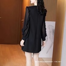 连衣裙黑色长袖赫本2025新款拼接大码遮肉气质小黑裙