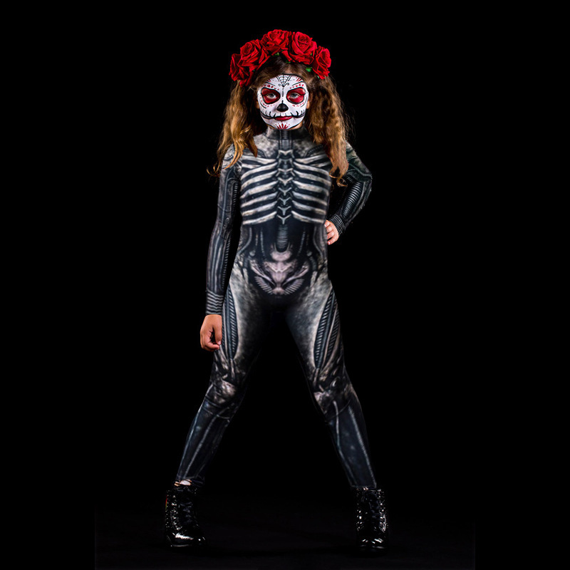 FD518 Disponible en stock. Mono ajustado de fiesta con estampado de esqueleto para mujer, Halloween 2025.