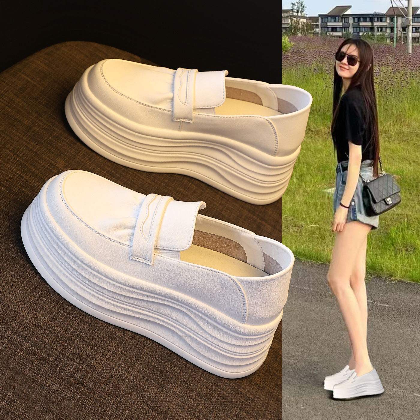 Giày sneaker nữ đế dày tăng chiều cao, phong cách thể thao trắng basic — màu trắng