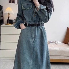 韩系高个子复古牛仔连衣裙潮女春秋新款气质收腰显瘦百搭法式长裙