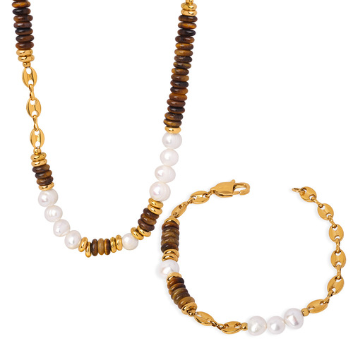 Retro Natural Tiger Eye Abacus Beads Handmade Stringed Freshwater Pearl Pig Nose Necklace Bracelet Set Decor for Women