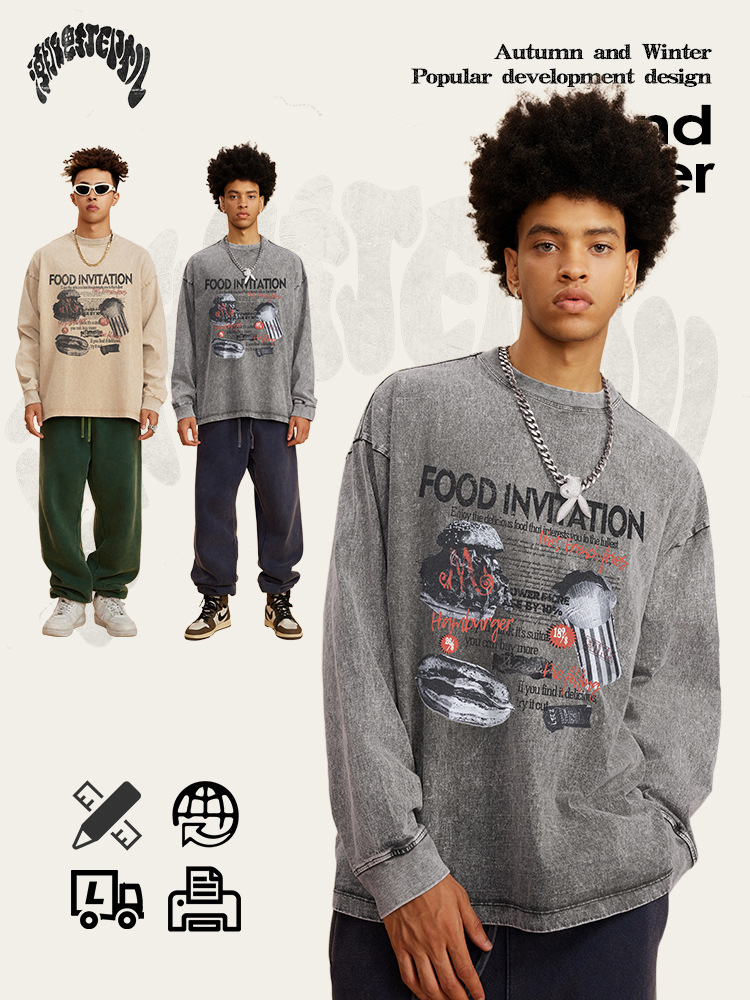 2025 otoño marca de moda americana algodón retrógrado lavado tinta impresión marca de moda suelta camiseta de manga larga hombre