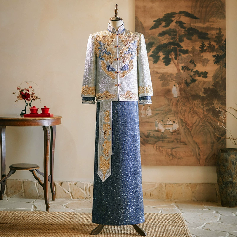 Мужское шоу He Court 2024 новый тяжелый синий костюм из павильона